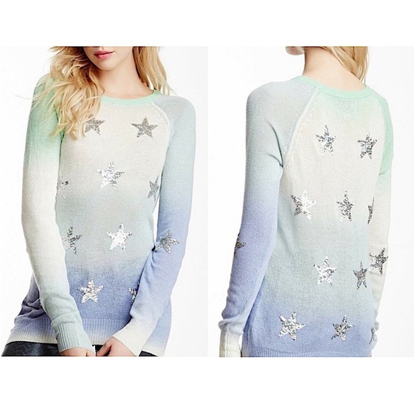 Wildfox Pastel Ombrè Knit Iridescent Sequin Star Crewneck Sweater - Picture 2 of 9